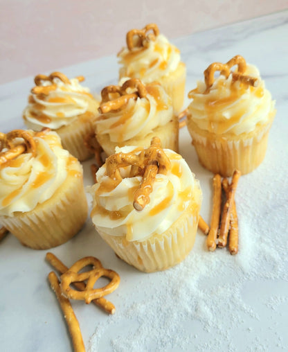 Decadent Salted Caramel  Pretzel Cupcakes with Caramel Drizzle - Elegant Impressions Bakery