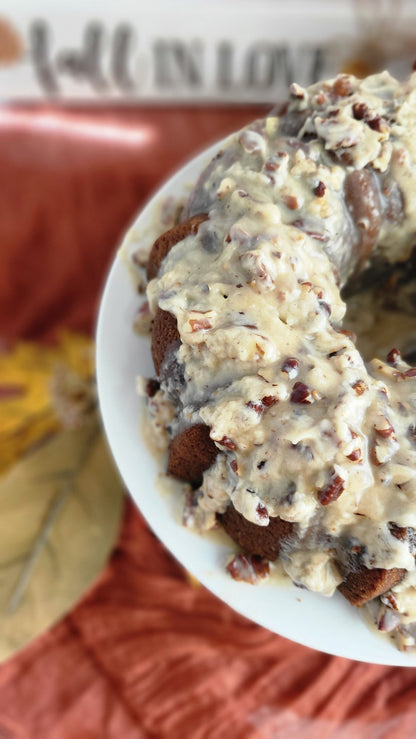 Sweet Potato Pound Cake with Butter Rum Pecan Glaze - Elegant Impressions Bakery