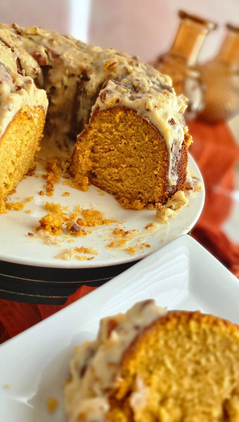 Sweet Potato Pound Cake with Butter Rum Pecan Glaze - Elegant Impressions Bakery