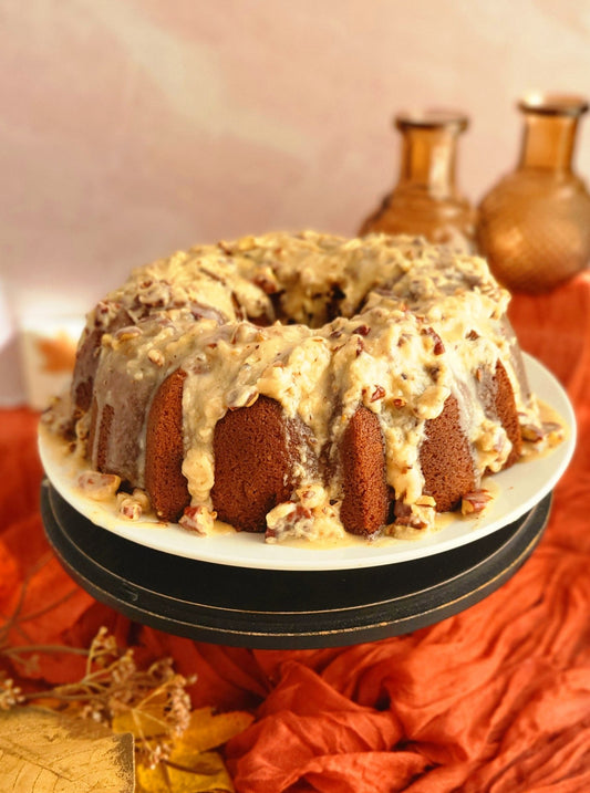 Sweet Potato Pound Cake with Butter Rum Pecan Glaze - Elegant Impressions Bakery